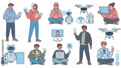 Group of diverse young people using various technological devices in a modern, interconnected world, showcasing digital lifestyle and future trends.