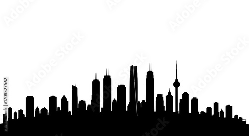 Modern city skyline silhouette against a bright white background, representing urban development and progress.