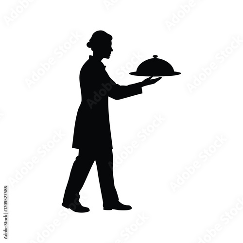 Elegant Silhouette of a Waitress Carrying a Covered Dish on a Tray, person serving food silhouette vector illustration