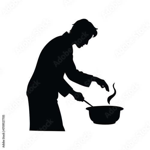 Silhouette of a chef stirring a pot, creating a culinary masterpiece., person stirring soup silhouette vector illustration