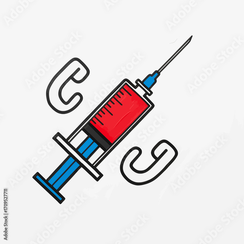 Illustration of a syringe filled with red liquid, with two curved symbols on a white background.