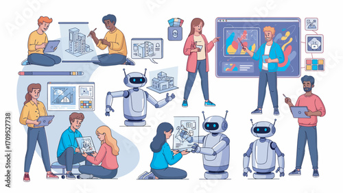 Engineers collaborate with robots on complex projects in modern office, showcasing teamwork and innovation.