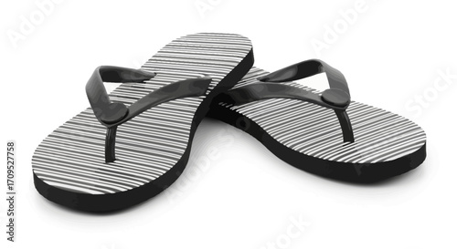 Stylish striped flip-flops ready for summer vacation and beach fun