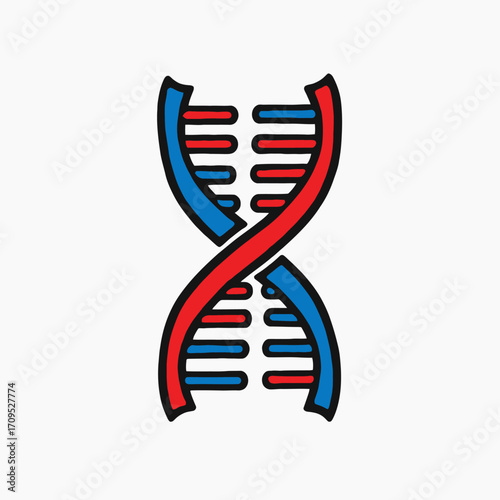 Stylized red and blue double helix DNA structure icon representing genetics and molecular biology on a white background.