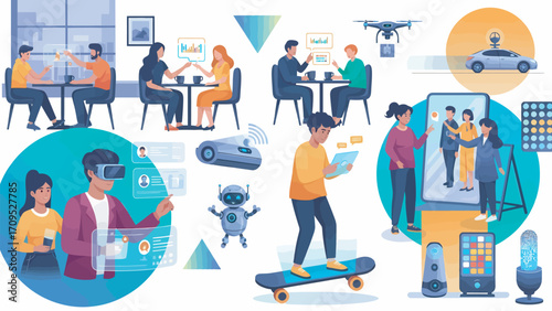 Diverse group of people interacting with various technologies in modern office setting, showcasing innovation and collaboration in a vibrant atmosphere.