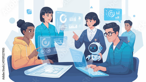 Diverse team collaborates on futuristic technology project in modern office, showcasing innovation and teamwork with a positive and forwardthinking atmosphere.