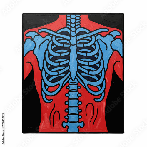 Anatomy illustration of the human torso, showcasing the skeletal structure in a vibrant artistic style.
