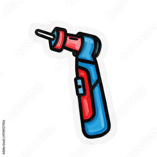 A cartoon illustration of a blue and red dental drill with a white background.