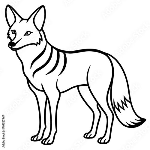A stylized black and white illustration of a coyote standing alert in a silhouette isolated on white background