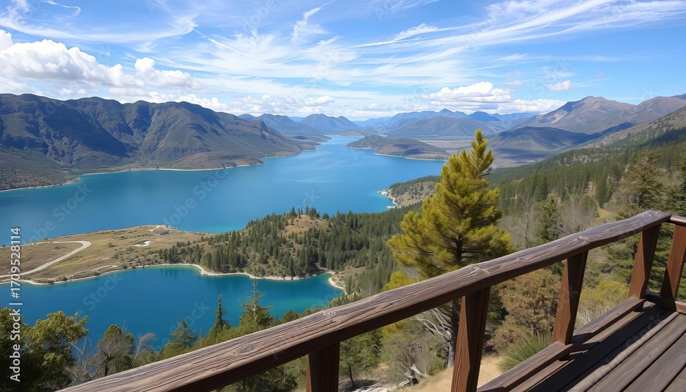 Fototapeta premium Nahuelbuta National Park lake vista from wooden terrace, park, nature photography