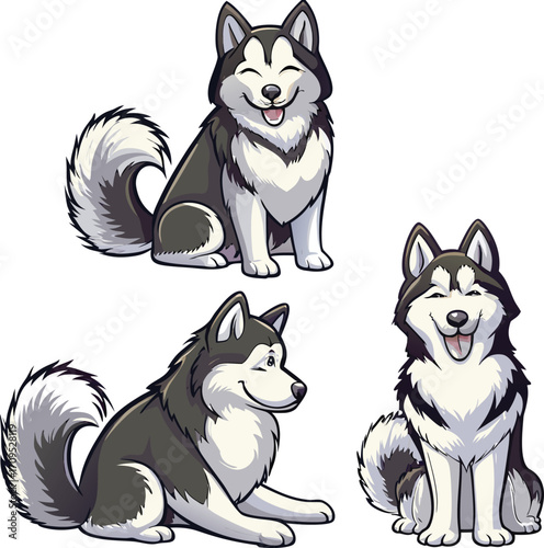 Three cartoon husky dogs in different poses illustration