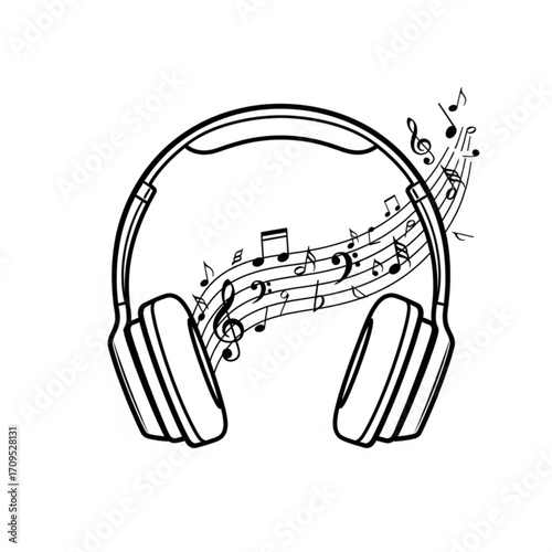 Headphones with musical notes flowing from them in a black and white illustration style image created with generated ai