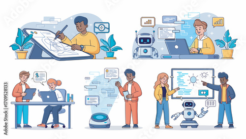 Diverse group of people collaborating with robots on various tech projects in a modern office setting, showcasing teamwork and innovation.