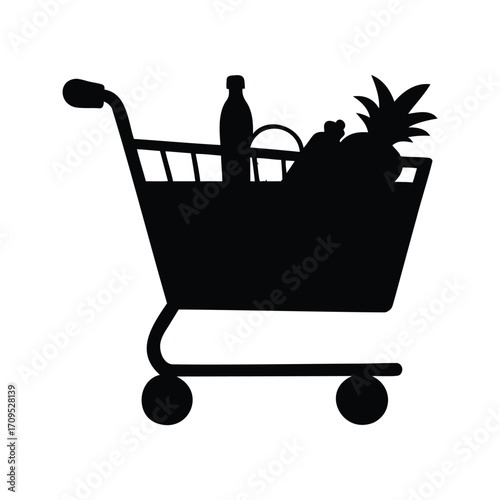 Silhouette of a shopping cart brimming with a variety of grocery items, shopping cart with food items silhouette vector illustration
