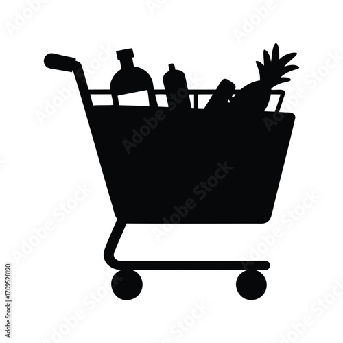Shopping cart silhouette filled with groceries and a pineapple ready to be sold, shopping cart with food items silhouette vector illustration