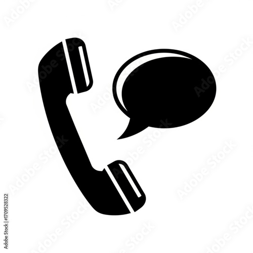 Illustration of a black telephone receiver with a speech bubble on a white background design element created with generated ai