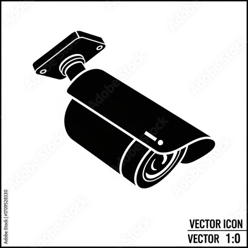 A black surveillance camera with a mounting bracket is shown in a vector style illustration on white created with generated ai