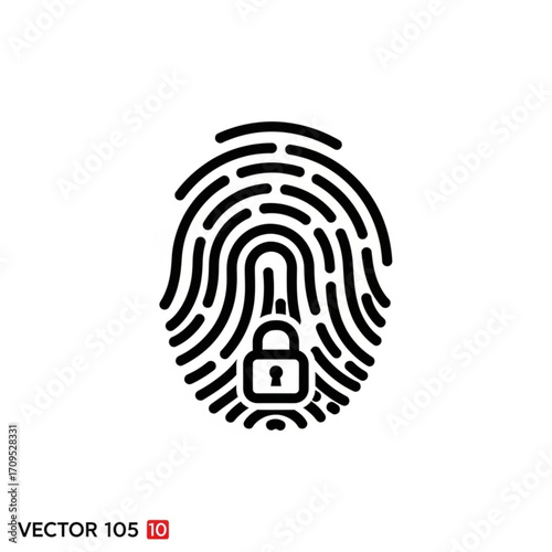Fingerprint biometric identification with padlock security system in black and white simple line art created with generated ai