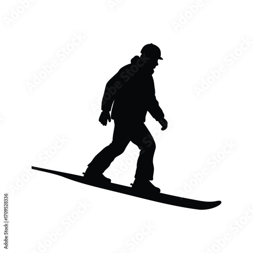Silhouette of a person downhill skiing wearing a hat and winter clothes, snowboarder walking uphill silhouette vector illustration