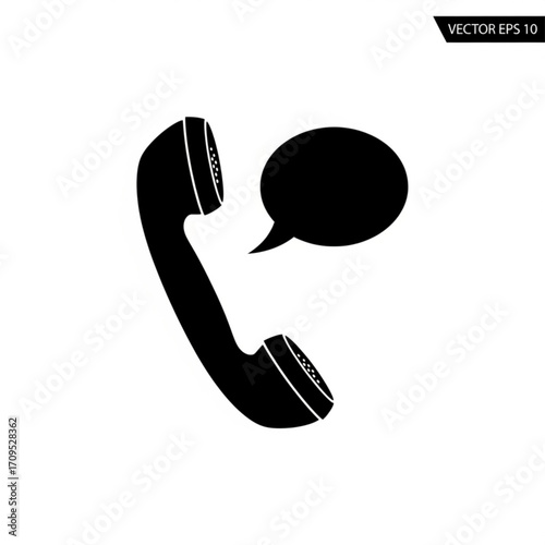 A black telephone receiver with a speech bubble suggesting communication or conversation on a white background created with generated ai