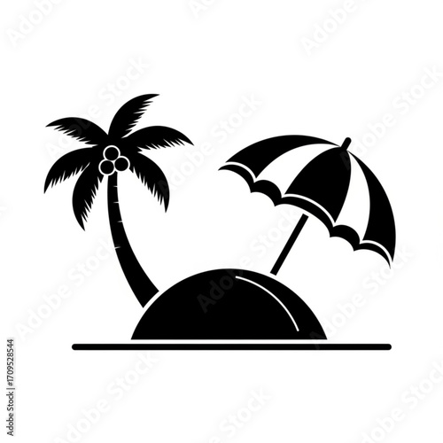Illustration of a tropical island with a palm tree and beach umbrella in black and white silhouette created with generated ai