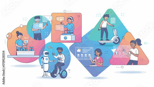 People interact with technology using augmented reality, robotics, and cloud computing in a modern, connected world, showcasing innovation and future possibilities.