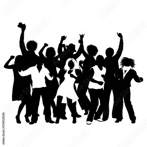 Silhouette of a group of people dancing and celebrating with their arms raised in the air at a party scene created with generated ai