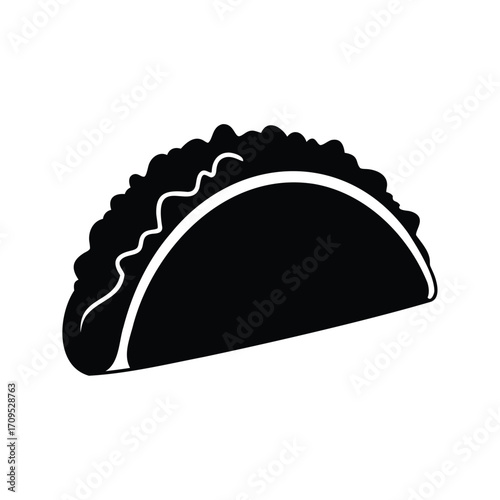 Black and White Taco Illustration Representing Mexican Cuisine in a Simplified Design, taco with lettuce and cheese silhouette vector illustration