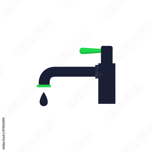 Minimal flat vector illustration of a water tap with green handle and single water drop. Simple plumbing and faucet design perfect for eco water concept, save water theme, plumbing service use.