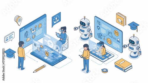 Students interact with virtual reality and ai robots in modern classroom to learn and collaborate on projects with enthusiasm and excitement.