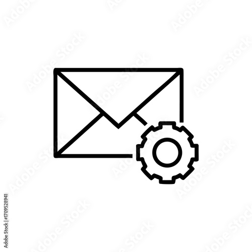 Minimal line vector illustration of envelope with gear symbol. Perfect for email settings, mail configuration, newsletter management, message system, and digital communication concepts.