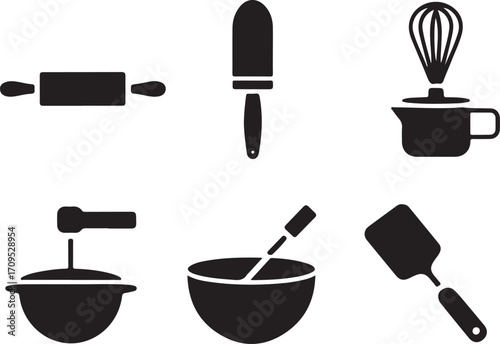 A collection of five bold black vector icons representing various baking elements and tools for culinary designs