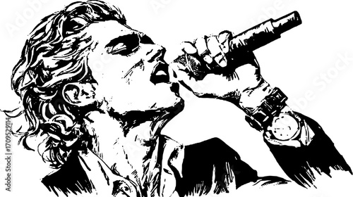 Singer holding a mic during a performance. Vintage line drawing vector illustration capturing the essence of music culture.