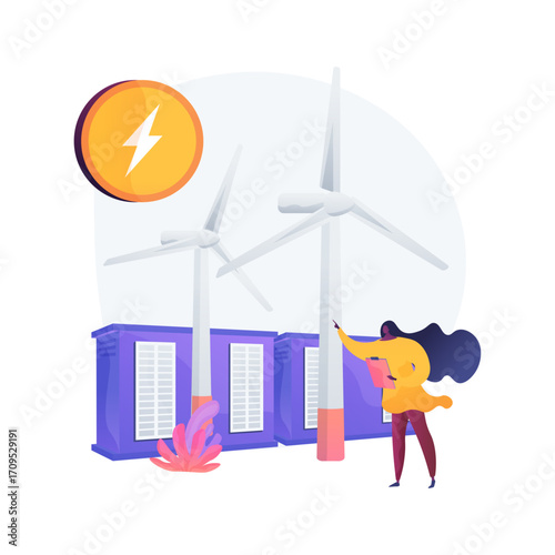 wind turbine and solar panels A person with wind turbines and a battery, on a light background