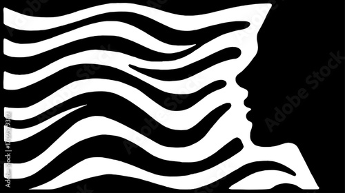 Vintage engraving style featuring a contrasting black and white silhouette. Abstract wavy lines create a unique vector illustration emphasizing minimalistic design.