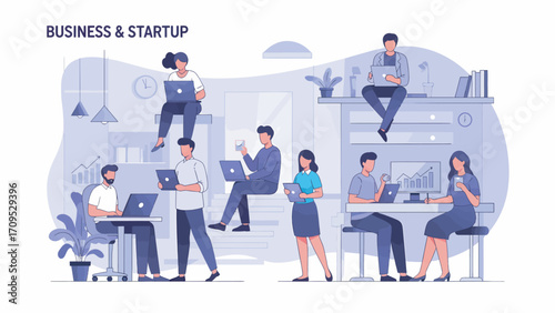 Diverse team collaborating on laptops in modern office space, showcasing teamwork and innovation in a vibrant, collaborative environment.