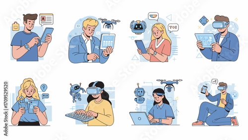 Diverse group of people interacting with various technological devices in a modern setting, showcasing innovation and connectivity with a bright and optimistic mood.