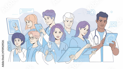 Diverse group of healthcare professionals collaborating on patient care using digital tablets and medical equipment in modern hospital setting, showcasing teamwork and innovation.