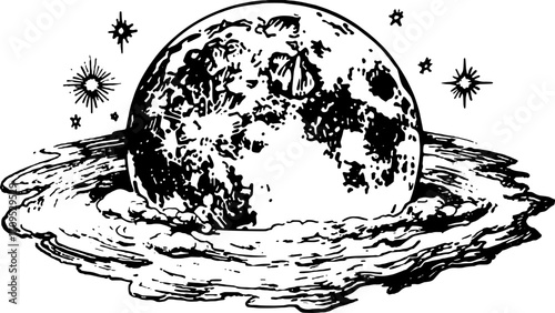 Vintage moon illustration with detailed line drawing. A black and white vector illustration featuring celestial elements like stars.