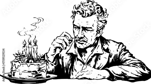 Man enjoying a birthday cake with candles. Vintage vector illustration in black and white showcasing a celebratory set.
