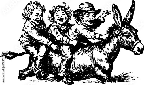 Engraving illustration of children riding a donkey. Vintage line drawing set capturing playful and happy moments in a charming style.