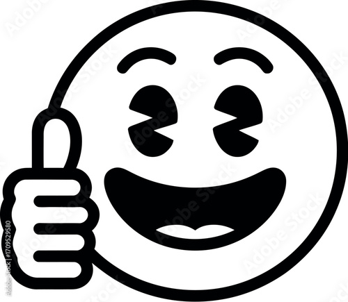 Enthusiastic smiley face with a thumbs up gesture, conveying approval and positivity in a simple graphic style.