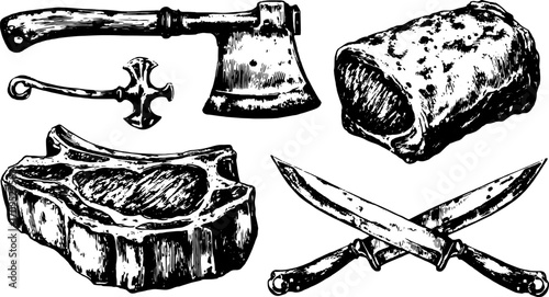 Vintage engraving of kitchen tools: knife and axe set. Black and white line illustration, perfect for culinary and butchery themes.
