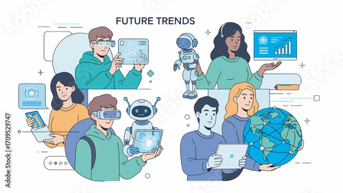 Diverse group exploring future trends with augmented reality, robots, and global connectivity in a modern tech environment, showcasing innovation and collaboration.