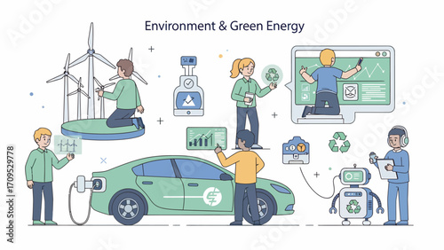 People embrace sustainable energy solutions, utilizing wind turbines, electric vehicles, and recycling programs for a greener future, promoting environmental awareness and responsibility.