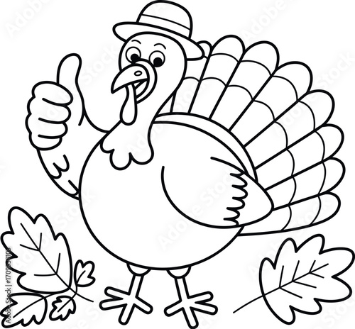 Happy cartoon turkey wearing a hat gives a thumbs up, surrounded by autumn leaves