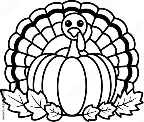 Whimsical outline illustration of a Thanksgiving turkey and pumpkin with autumn leaves