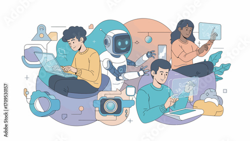 Diverse group of people and a robot are collaborating on digital projects in a modern workspace, showcasing teamwork and technological innovation.