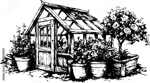 Vintage greenhouse with detailed plants and flowers. Black and white vector illustration features pots in a structured outdoor set.