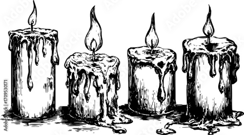 Candle illustrations featuring dripping wax and flames. Vintage vector illustration set in detailed lines of black and white.